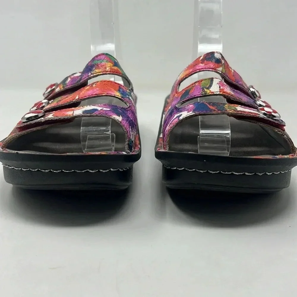 Alegría Fiona Iris Colorful Floral Leather Adjustable 3 Strap Slip-On Sandals 37